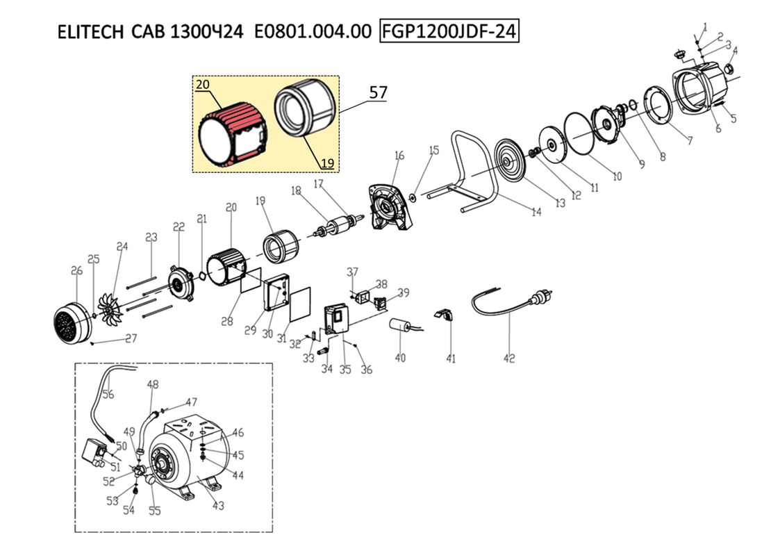 ЗАПЧАСТИ ДЛЯ НАСОСНОЙ СТАНЦИИ ELITECH САВ 1300Ч/24 (E0801.004.00) (2020 ГОД)